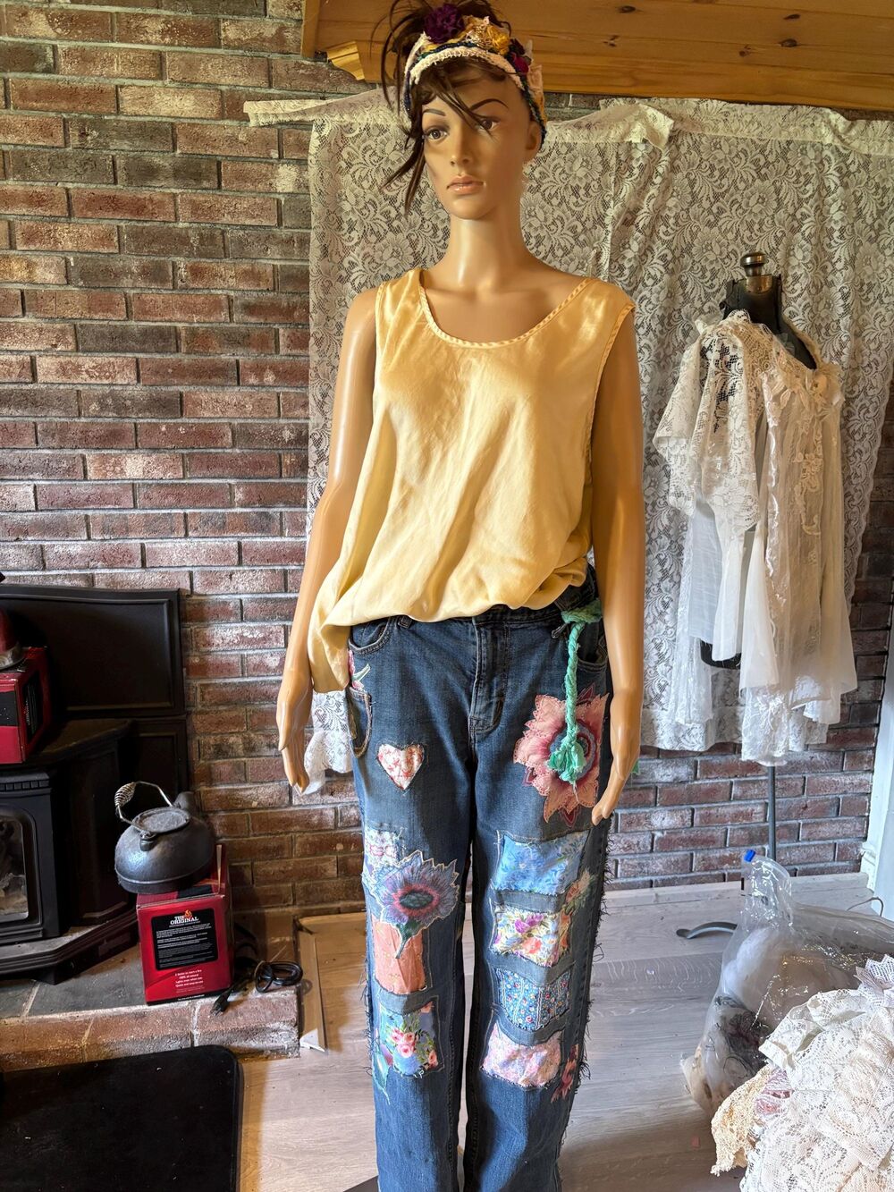 Upcycled Jeans Boho Floral Patchwork OOAK
